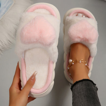 Women Heart Decor Fluffy Novelty Slippers, Fashion Indoor Home Slippers