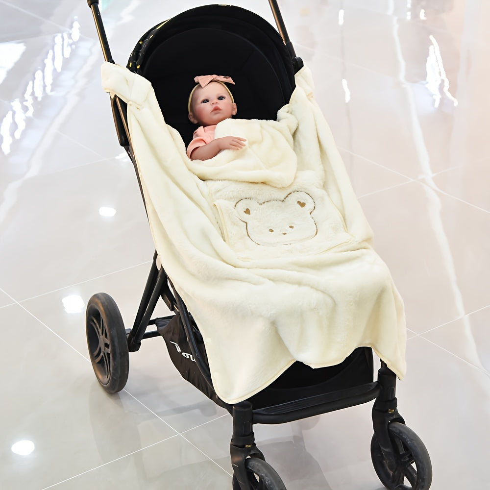 Cozy Ivory Polyester Stroller Blanket with Cute Bear Design - Thick, Warm, Windproof Cover with Shoulder Straps for Autumn & Winter Outdoor Use, Blanket