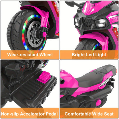 Pink Kid Ride on Car Toy, 12V Electric Motorcycle for Kids with LED Light Wheels, MP3 Halloween, Christmas Gift, Boys Adult Christmas Halloween Thanksgiving Gifts