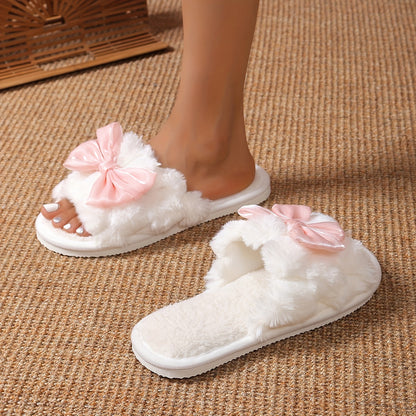 Women'S Autumn And Winter Warm Slippers with a Bow Design, Stylish Indoor Slippers for The Living Room.