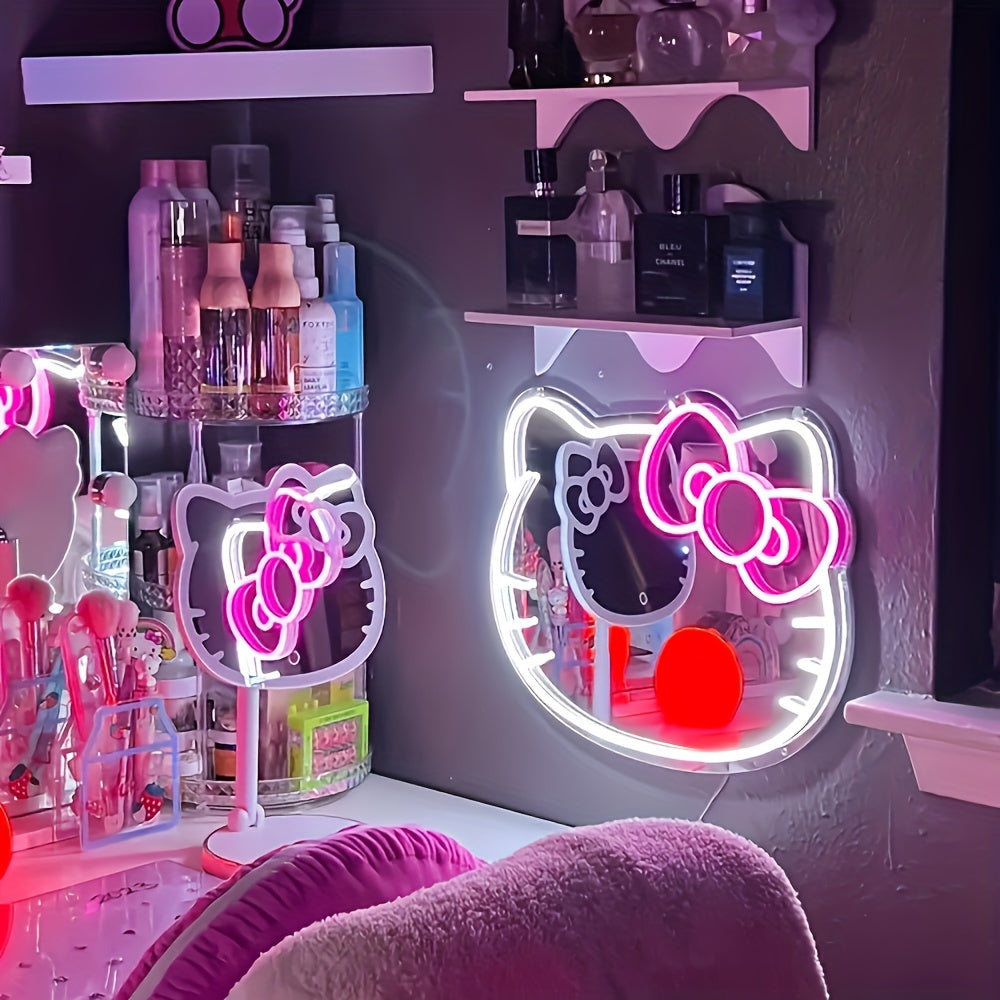 Hellokitty Cute Bow Anime Style LED Mirror Neon Mirror Brightness Adjustable Room Decor Aesthetic Light