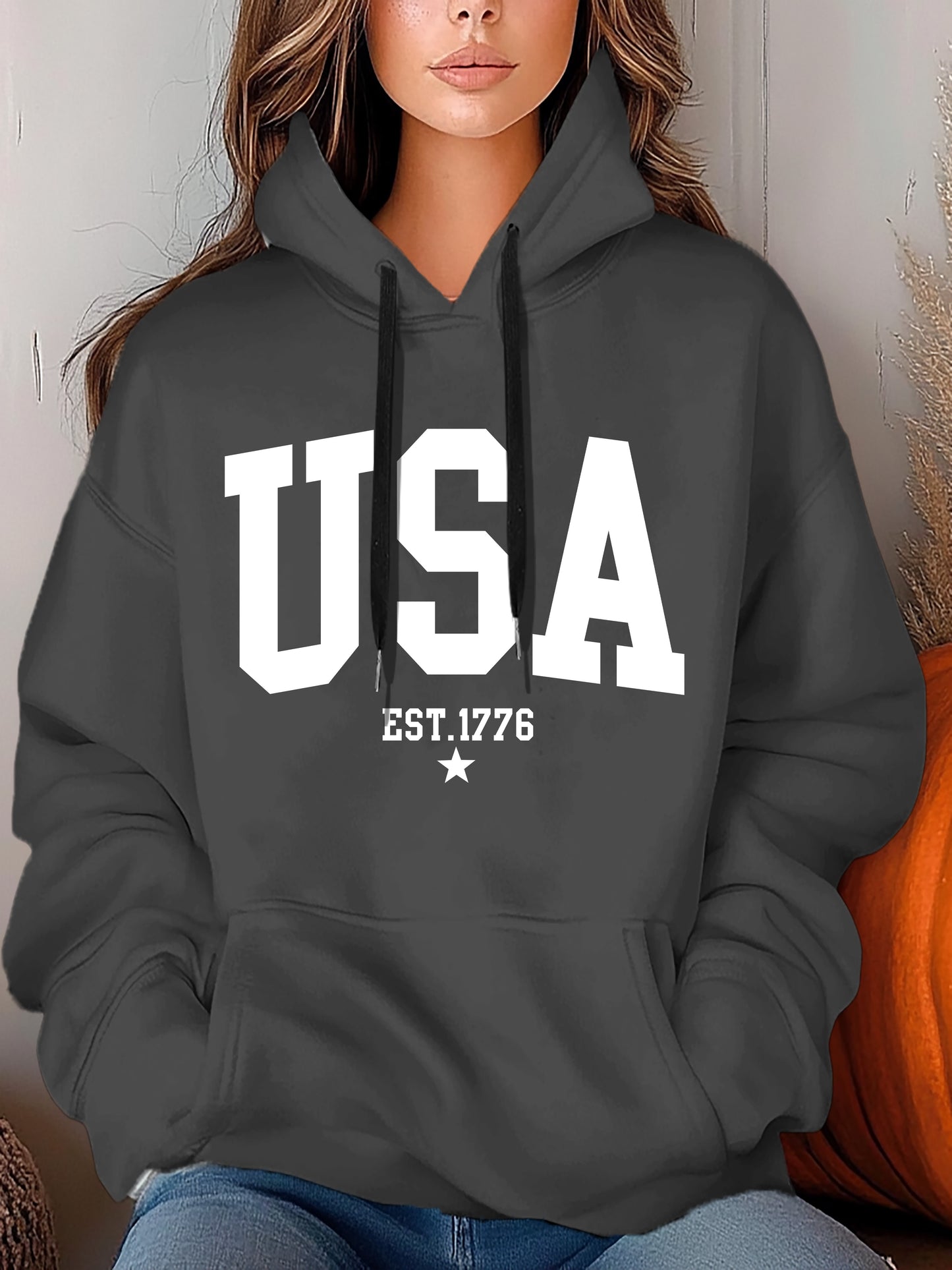 USA Letter Printed Women's Autumn And Winter 600g Hooded Pocket Hoodie, Suitable For Casual Outings And Daily Wear