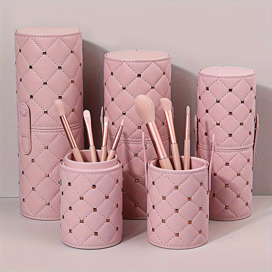 Luxurious Pink Quilted Faux Leather Makeup Brush Holder Set