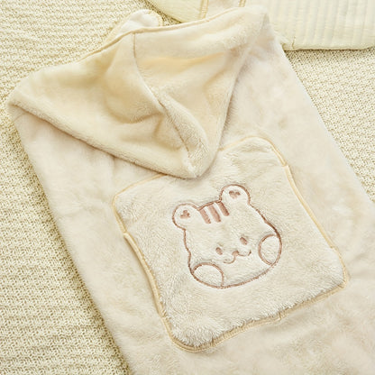 Cozy Ivory Polyester Stroller Blanket with Cute Bear Design - Thick, Warm, Windproof Cover with Shoulder Straps for Autumn & Winter Outdoor Use, Blanket