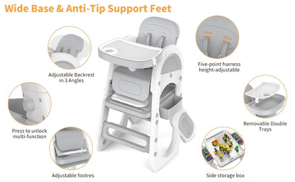 Adjustable & High Chair Set with Safety Harness - Includes Study Table, Building Block Station, and Footrest - Easy Assembly - Gray/Pink, Chair