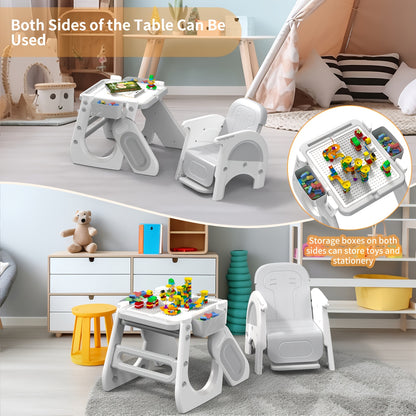 Adjustable & High Chair Set with Safety Harness - Includes Study Table, Building Block Station, and Footrest - Easy Assembly - Gray/Pink, Chair