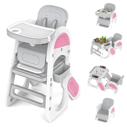 Adjustable & High Chair Set with Safety Harness - Includes Study Table, Building Block Station, and Footrest - Easy Assembly - Gray/Pink, Chair