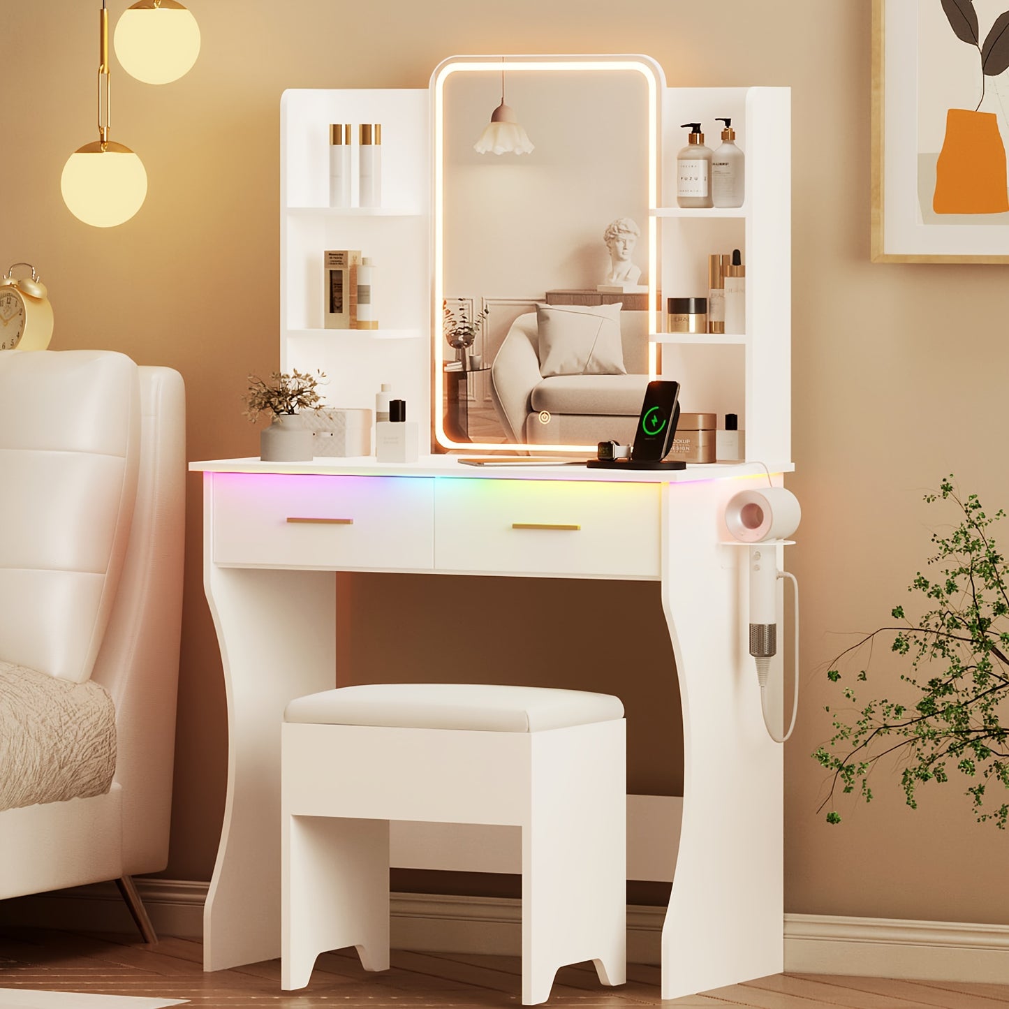 Vanity Desk With LED Lighted Mirror & Power Outlet, Corner Makeup Vanity Table With 2 Drawers, Storage Stool, For Bedroom