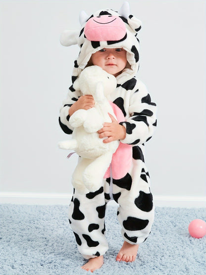 Super Cute Cow Shape Furry Baby Boys Girls Jumpsuit! - Thick Kids Thermal Clothes As Gift, Suitable For Outdoor Wear