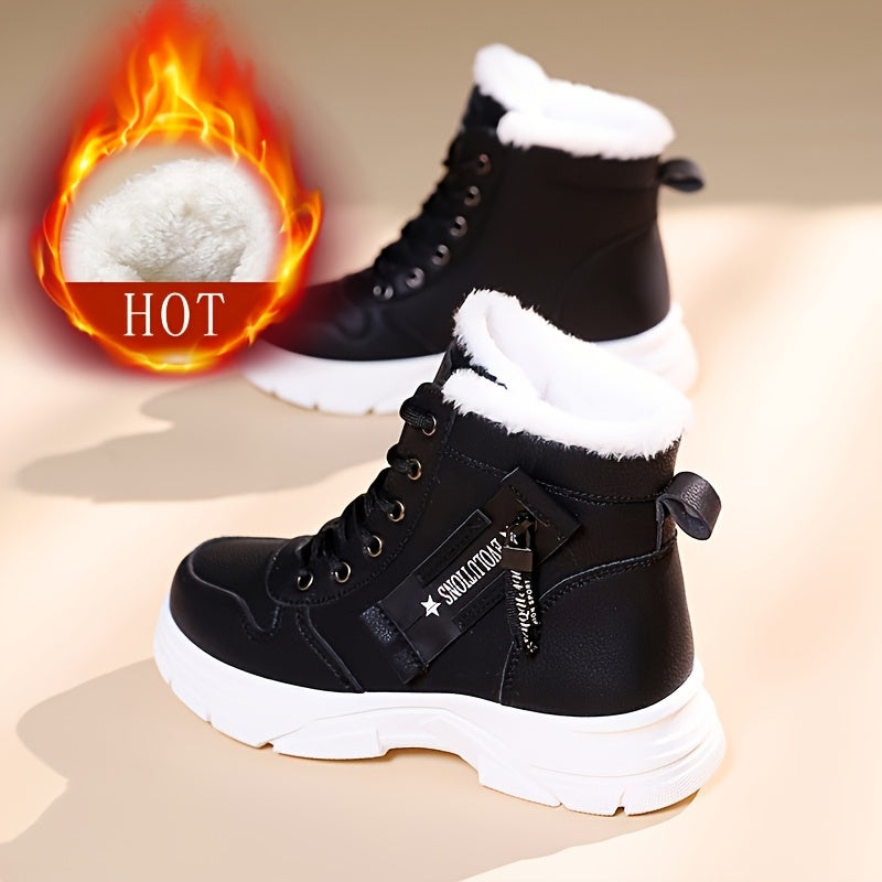 Women's Winter Warm Snow Boots with Side Zipper - Comfortable Thick Sole, High-Top Sneakers in Solid Color, Snow Boots, Outdoor Shoes