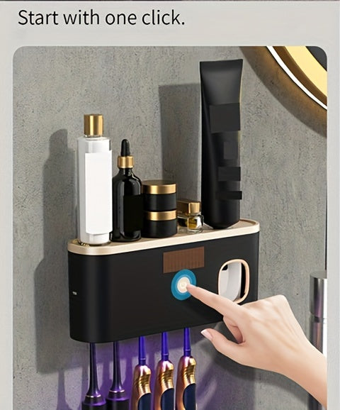 Sleek Black UV Toothbrush Sanitizer Holder - Wall-Mounted, No-Drill, USB Rechargeable with 1200mAh Battery