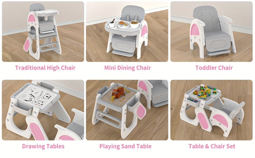 Adjustable & High Chair Set with Safety Harness - Includes Study Table, Building Block Station, and Footrest - Easy Assembly - Gray/Pink, Chair