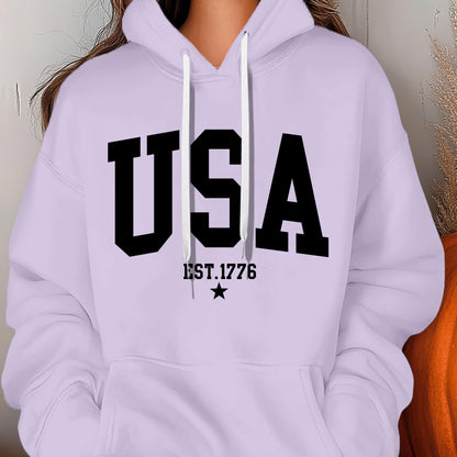 USA Letter Printed Women's Autumn And Winter 600g Hooded Pocket Hoodie, Suitable For Casual Outings And Daily Wear