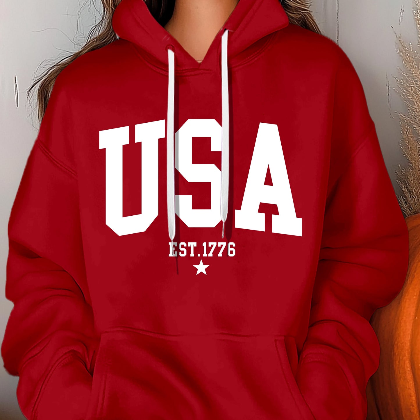 USA Letter Printed Women's Autumn And Winter 600g Hooded Pocket Hoodie, Suitable For Casual Outings And Daily Wear