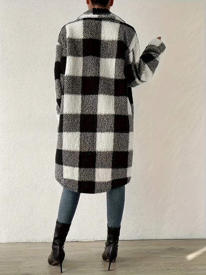 New fashion contrasting color plaid plush overcoat for autumn and winter. Casual drop-shoulder long-sleeved jacket. Trendy Women's clothing, versatile plaid overcoat.