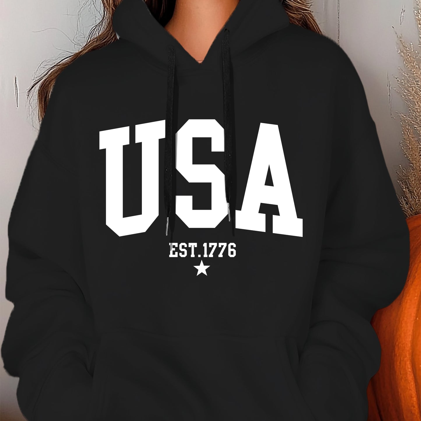 USA Letter Printed Women's Autumn And Winter 600g Hooded Pocket Hoodie, Suitable For Casual Outings And Daily Wear