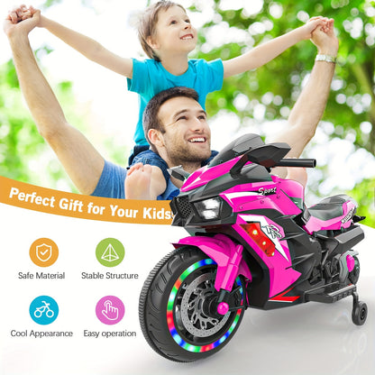 Pink Kid Ride on Car Toy, 12V Electric Motorcycle for Kids with LED Light Wheels, MP3 Halloween, Christmas Gift, Boys Adult Christmas Halloween Thanksgiving Gifts