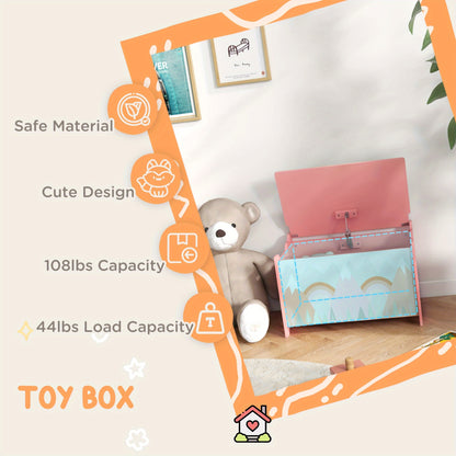 Qaba Toy Box with Lid, Toy Chest Storage Organizer for Bedroom with Safety Hinge, Cute Animal Design, Pink