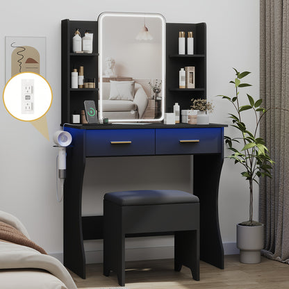 Vanity Desk With LED Lighted Mirror & Power Outlet, Corner Makeup Vanity Table With 2 Drawers, Storage Stool, For Bedroom