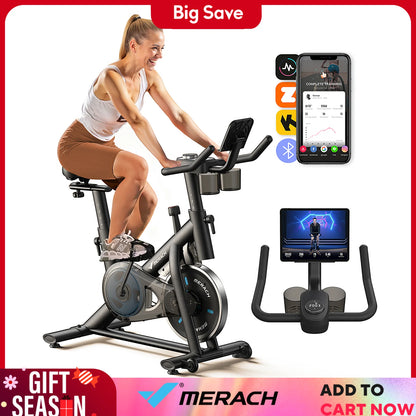 MERACH Exercise Bike Brake Pad Stationary Bike Low Noise Indoor Cycling Bike 270lbs Weight Capacity Tablet Mount Fitness Courses