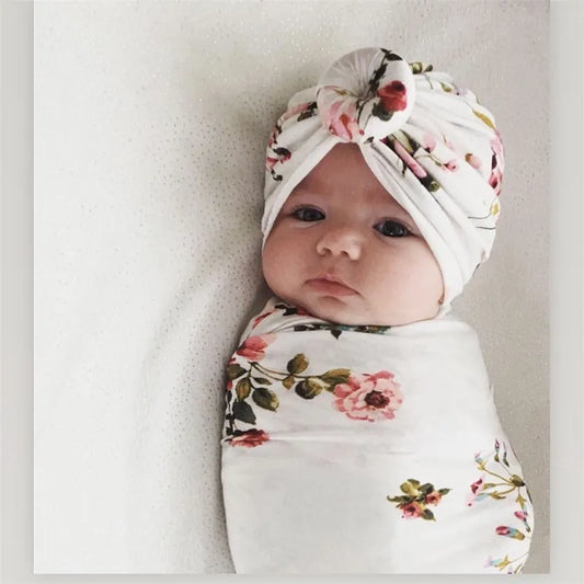 Baby Swaddle Blanket and Bandana Donut/Ruffle Hat