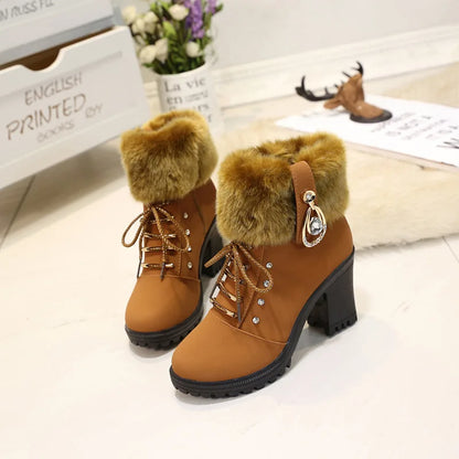 Fur Chunky Heel Ankle Boots Lace-up Zip with Plush Warm Women Shoes Round 2023 Fall Winter New Rhinestone Platform Short Boots