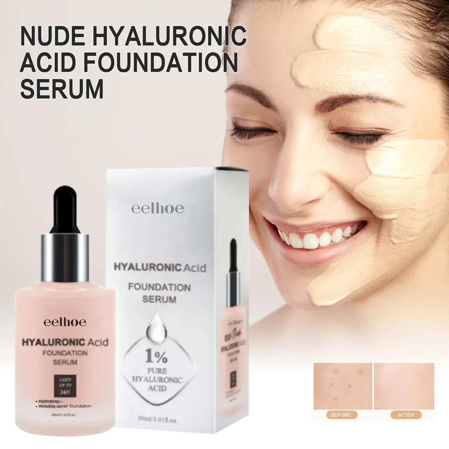 Hyaluronic Acid Liquid Foundation Waterproof No Creasing Long-lasting Moisturizing