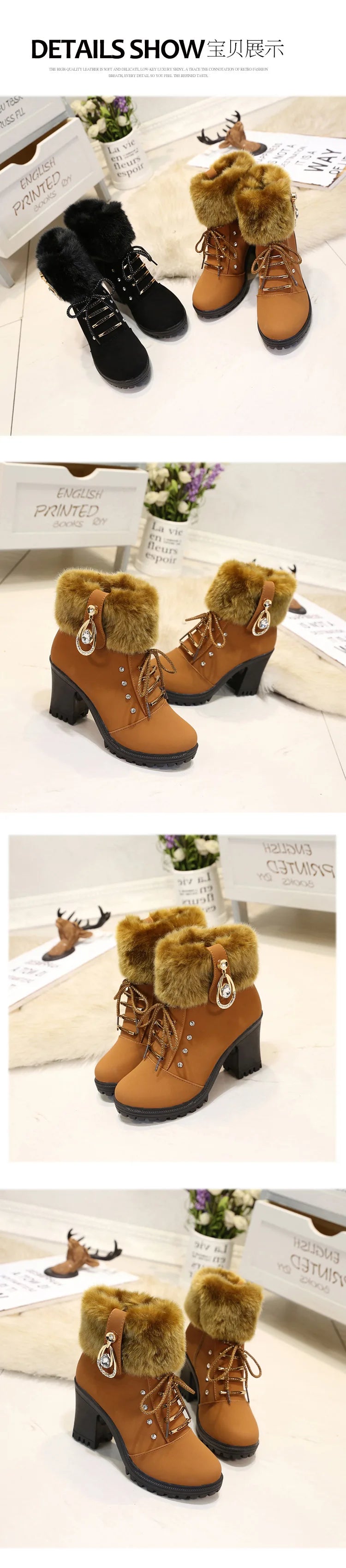 Fur Chunky Heel Ankle Boots Lace-up Zip with Plush Warm Women Shoes Round 2023 Fall Winter New Rhinestone Platform Short Boots