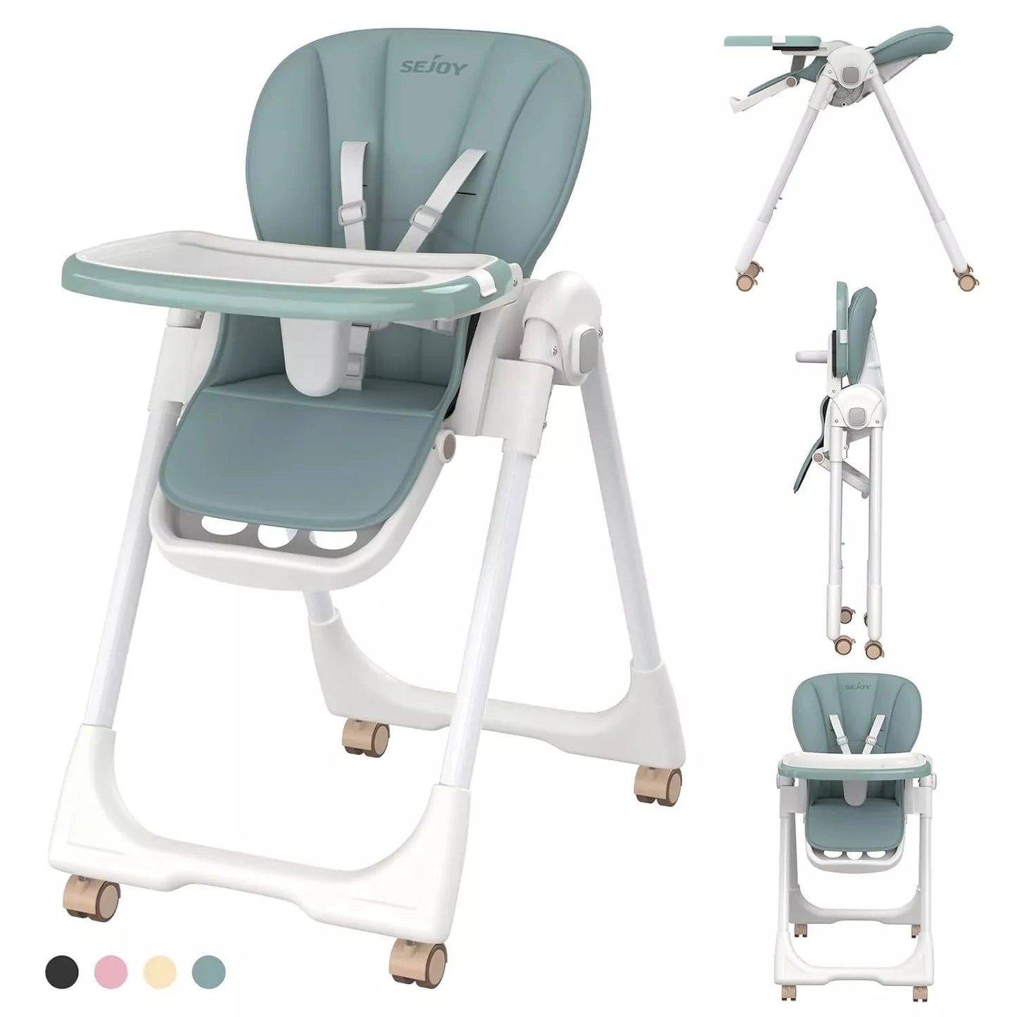 Sejoy Baby High Chair Foldable Highchair Adjustable Backrest Double Removable Tray Detachable PU Leather Cushion High Chair for