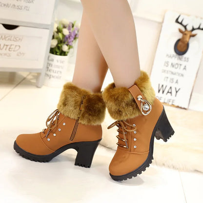 Fur Chunky Heel Ankle Boots Lace-up Zip with Plush Warm Women Shoes Round 2023 Fall Winter New Rhinestone Platform Short Boots