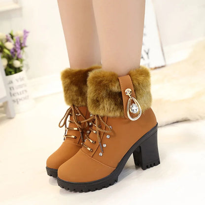 Fur Chunky Heel Ankle Boots Lace-up Zip with Plush Warm Women Shoes Round 2023 Fall Winter New Rhinestone Platform Short Boots