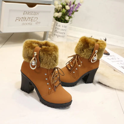 Fur Chunky Heel Ankle Boots Lace-up Zip with Plush Warm Women Shoes Round 2023 Fall Winter New Rhinestone Platform Short Boots