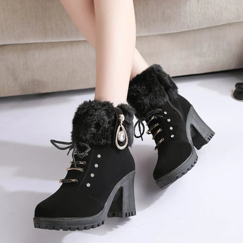 Fur Chunky Heel Ankle Boots Lace-up Zip with Plush Warm Women Shoes Round 2023 Fall Winter New Rhinestone Platform Short Boots