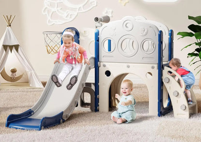 8 in 1 Kids Slide with Basketball Hoop, Telescope and Climber, Baby Slide Toddler Playground