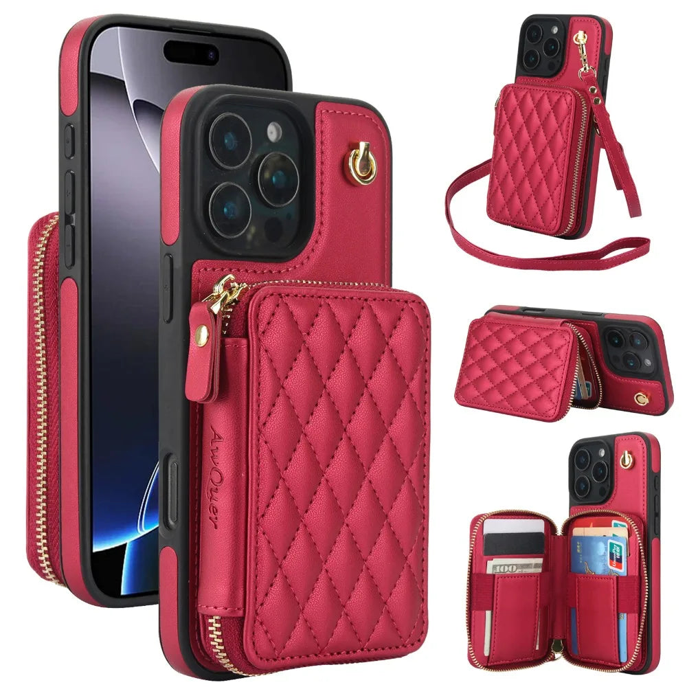 Leather Phone Case for IPhone 16, 15, 14 Plus 13, 12, and 11 Pro Max Crossbody Wrist Strap Zipper Wallet with Card Holder Cover