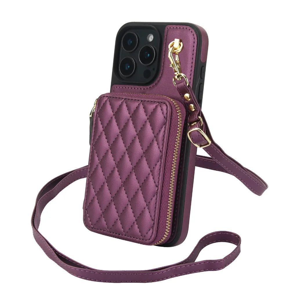 Leather Phone Case for IPhone 16, 15, 14 Plus 13, 12, and 11 Pro Max Crossbody Wrist Strap Zipper Wallet with Card Holder Cover