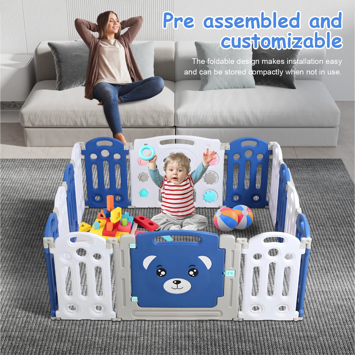 Foldable Playpen for Babies , Adjustable Shape Baby Fence, Safety Play Yard with Gate, Portable Play Area for Indoor or Outdoor