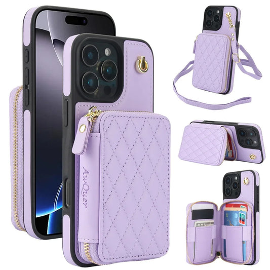 Leather Phone Case for IPhone 16, 15, 14 Plus 13, 12, and 11 Pro Max Crossbody Wrist Strap Zipper Wallet with Card Holder Cover