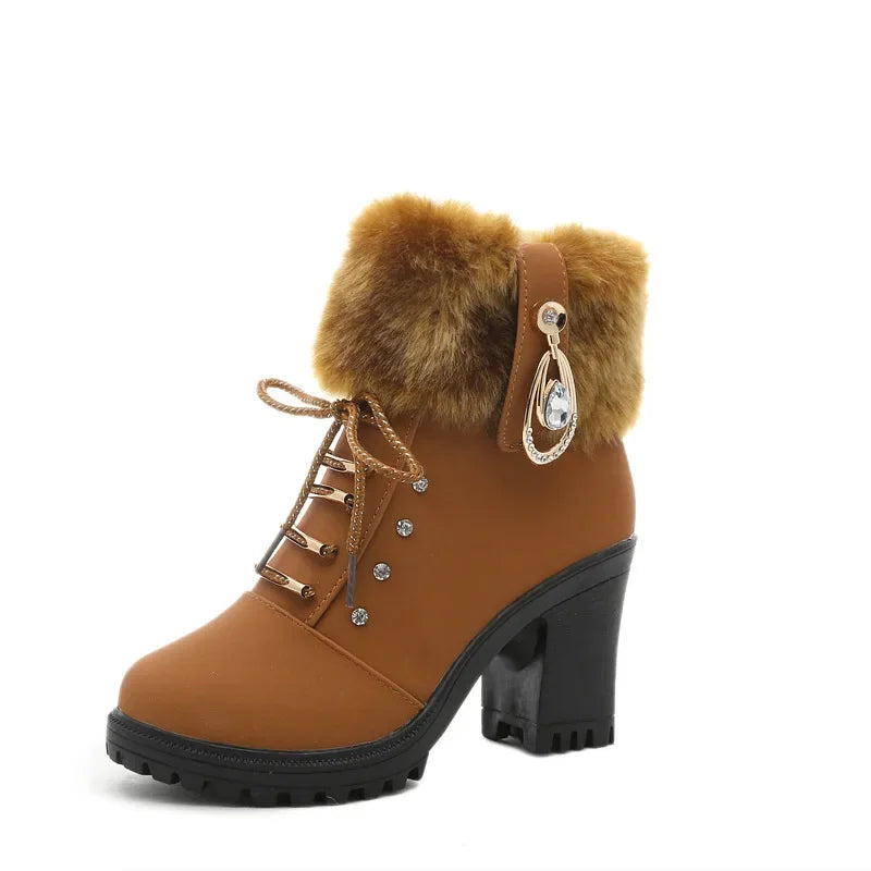 Fur Chunky Heel Ankle Boots Lace-up Zip with Plush Warm Women Shoes Round 2023 Fall Winter New Rhinestone Platform Short Boots