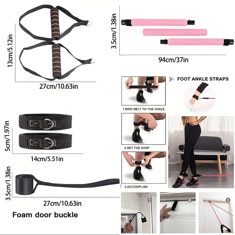 Portable Pilates Tensioner Kit With Latex Resistance Band, Exercise Fitness Equipment With Portable Storage Bag