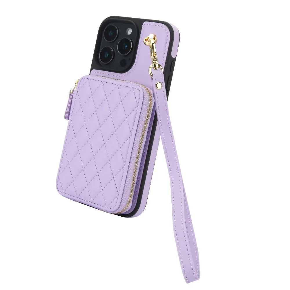 Leather Phone Case for IPhone 16, 15, 14 Plus 13, 12, and 11 Pro Max Crossbody Wrist Strap Zipper Wallet with Card Holder Cover