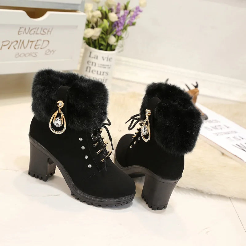 Fur Chunky Heel Ankle Boots Lace-up Zip with Plush Warm Women Shoes Round 2023 Fall Winter New Rhinestone Platform Short Boots