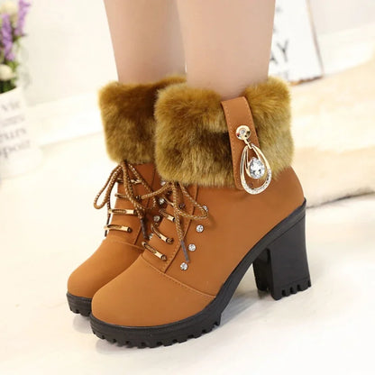 Fur Chunky Heel Ankle Boots Lace-up Zip with Plush Warm Women Shoes Round 2023 Fall Winter New Rhinestone Platform Short Boots