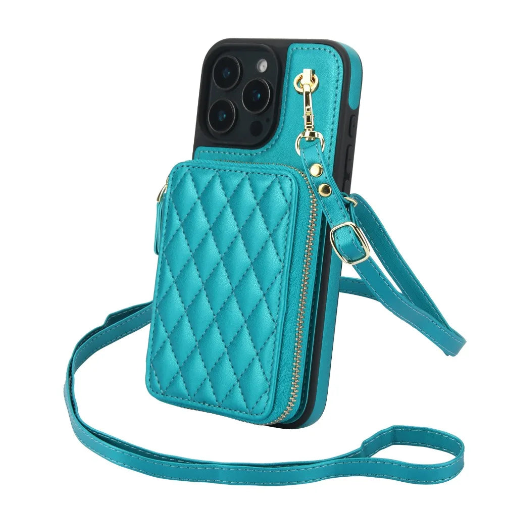 Leather Phone Case for IPhone 16, 15, 14 Plus 13, 12, and 11 Pro Max Crossbody Wrist Strap Zipper Wallet with Card Holder Cover