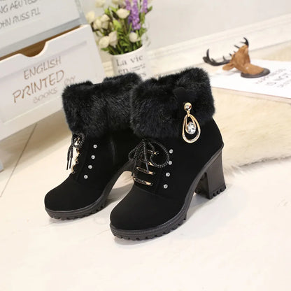 Fur Chunky Heel Ankle Boots Lace-up Zip with Plush Warm Women Shoes Round 2023 Fall Winter New Rhinestone Platform Short Boots