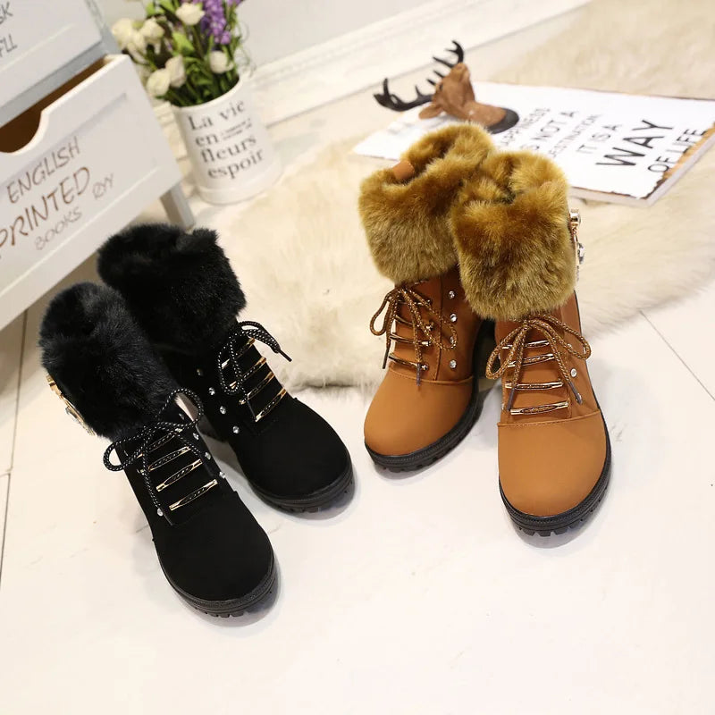 Fur Chunky Heel Ankle Boots Lace-up Zip with Plush Warm Women Shoes Round 2023 Fall Winter New Rhinestone Platform Short Boots