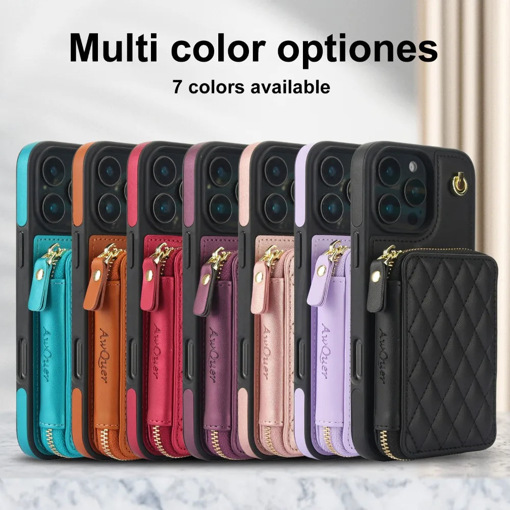 Leather Phone Case for IPhone 16, 15, 14 Plus 13, 12, and 11 Pro Max Crossbody Wrist Strap Zipper Wallet with Card Holder Cover