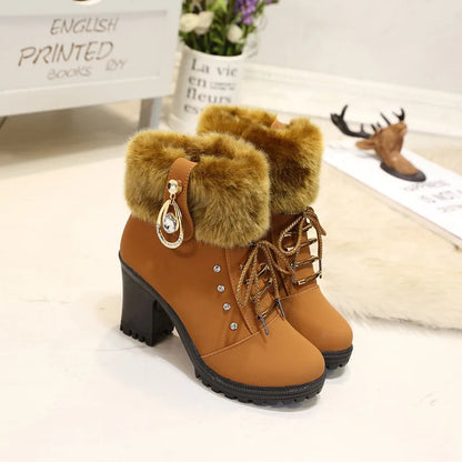 Fur Chunky Heel Ankle Boots Lace-up Zip with Plush Warm Women Shoes Round 2023 Fall Winter New Rhinestone Platform Short Boots