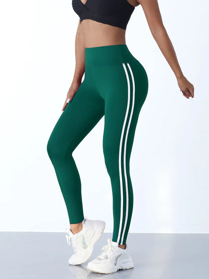 Casual Sports Side Stripe Pants High Waist 4 Way Stretch Breathable Running Workout Yoga Leggings Activewear For Women