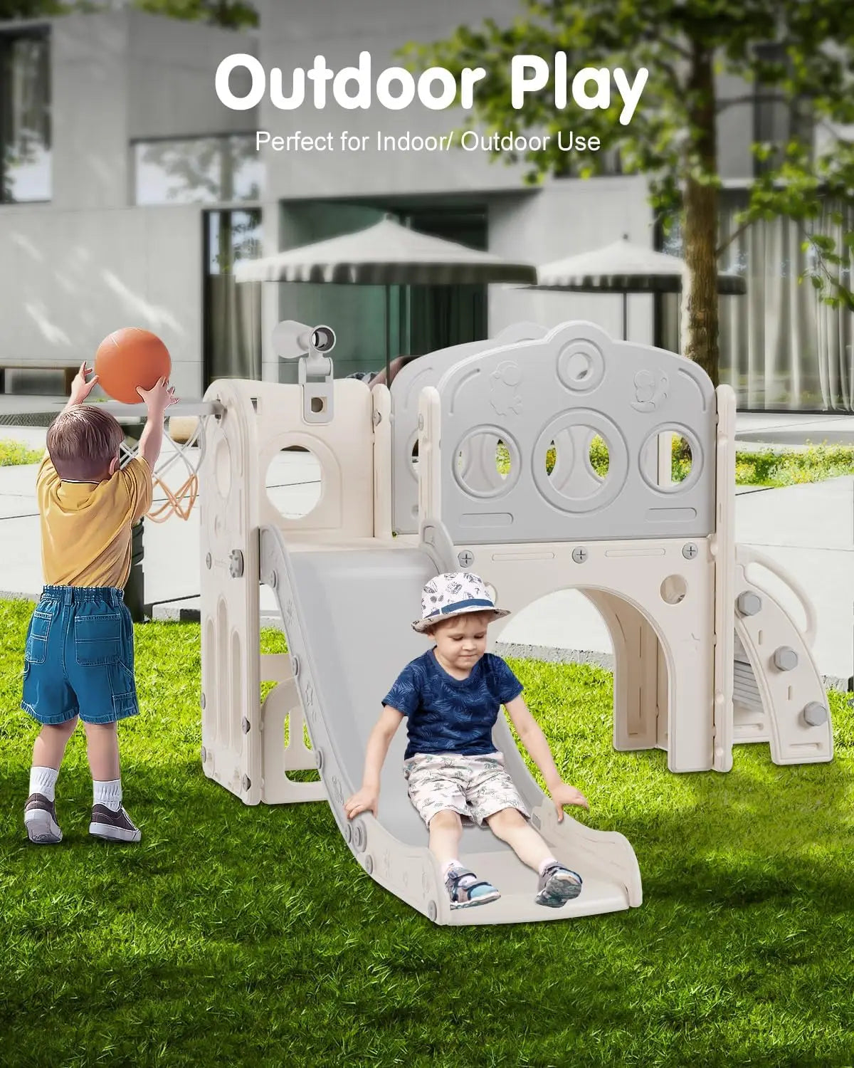 8 in 1 Kids Slide with Basketball Hoop, Telescope and Climber, Baby Slide Toddler Playground